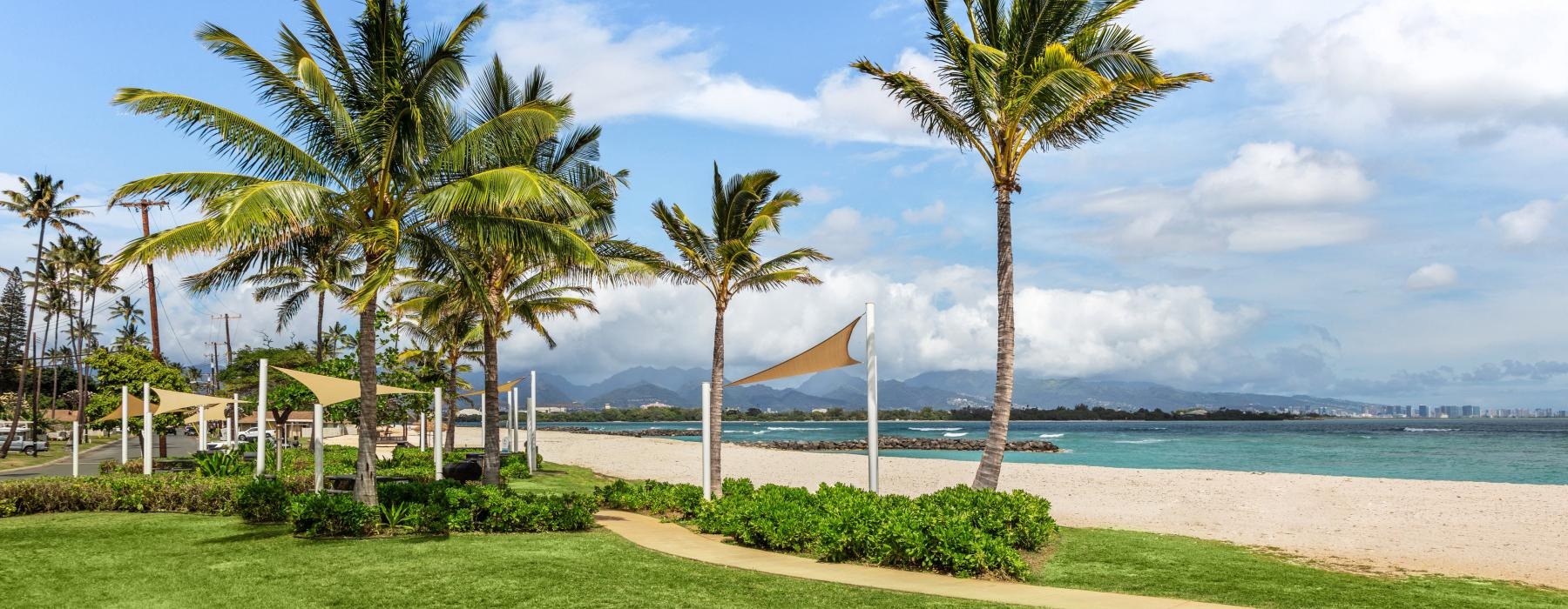 lawn with walking trail next to the beach