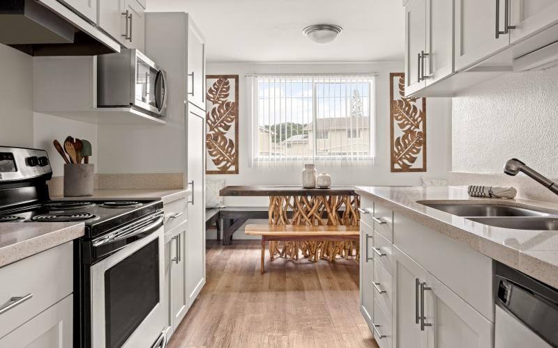 kitchen opens to dining area